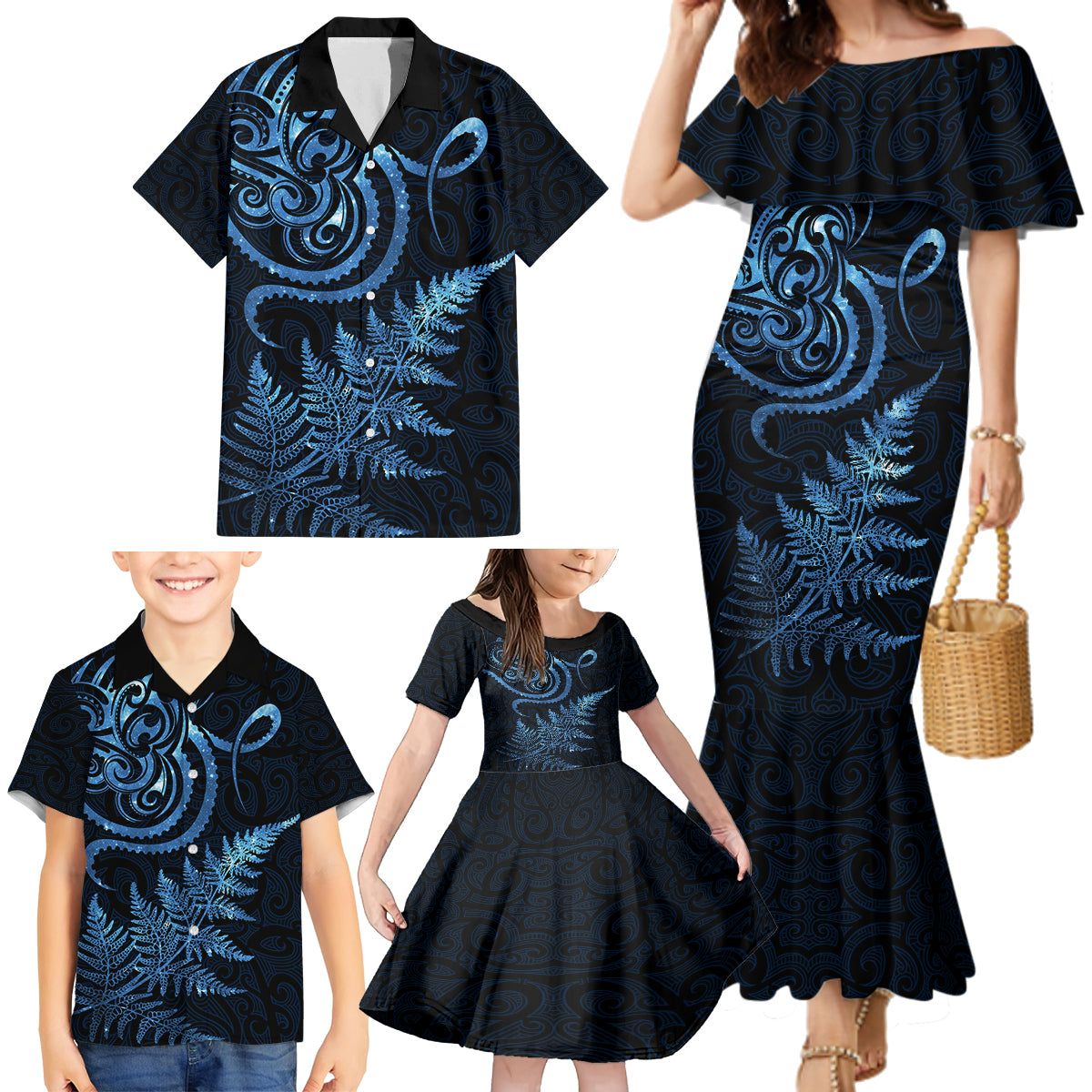 New Zealand Octopus Tattoo and Fern Family Matching Mermaid Dress and Hawaiian Shirt Maori Pattern Matariki Style LT03 - Polynesian Pride