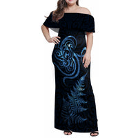 New Zealand Octopus Tattoo and Fern Family Matching Off Shoulder Maxi Dress and Hawaiian Shirt Maori Pattern Matariki Style LT03 Mom's Dress Blue - Polynesian Pride
