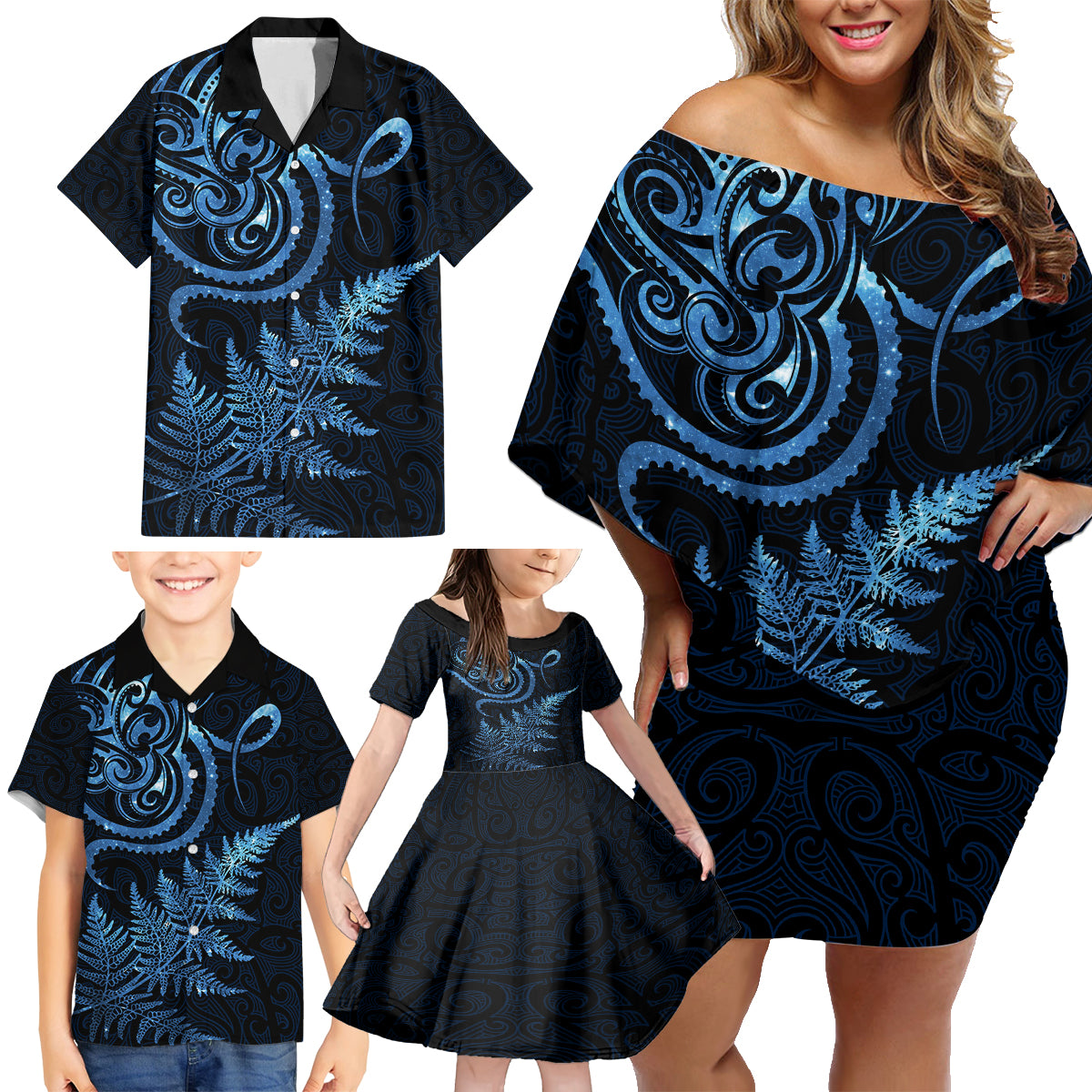 New Zealand Octopus Tattoo and Fern Family Matching Off Shoulder Short Dress and Hawaiian Shirt Maori Pattern Matariki Style LT03 - Polynesian Pride