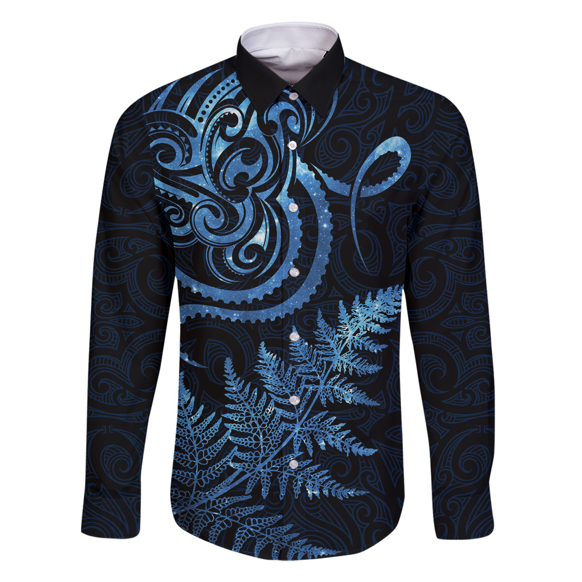 New Zealand Octopus Tattoo and Fern Family Matching Off Shoulder Short Dress and Hawaiian Shirt Maori Pattern Matariki Style LT03 Dad's Shirt - Long Sleeve Blue - Polynesian Pride