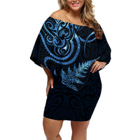 New Zealand Octopus Tattoo and Fern Family Matching Off Shoulder Short Dress and Hawaiian Shirt Maori Pattern Matariki Style LT03 Mom's Dress Blue - Polynesian Pride