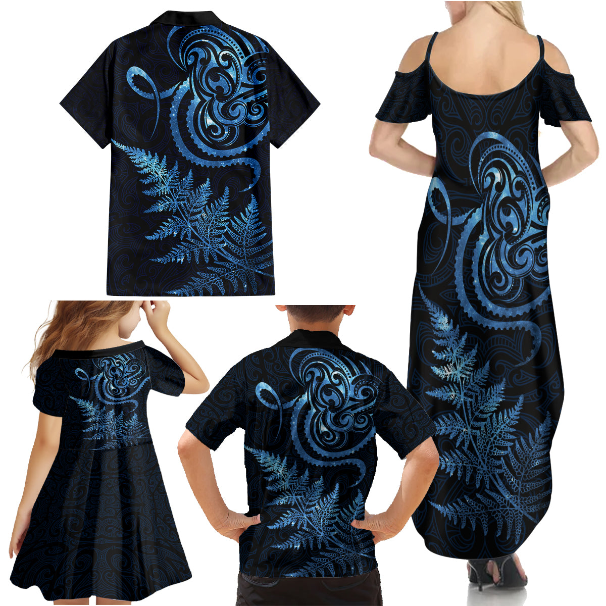 New Zealand Octopus Tattoo and Fern Family Matching Summer Maxi Dress and Hawaiian Shirt Maori Pattern Matariki Style LT03 - Polynesian Pride