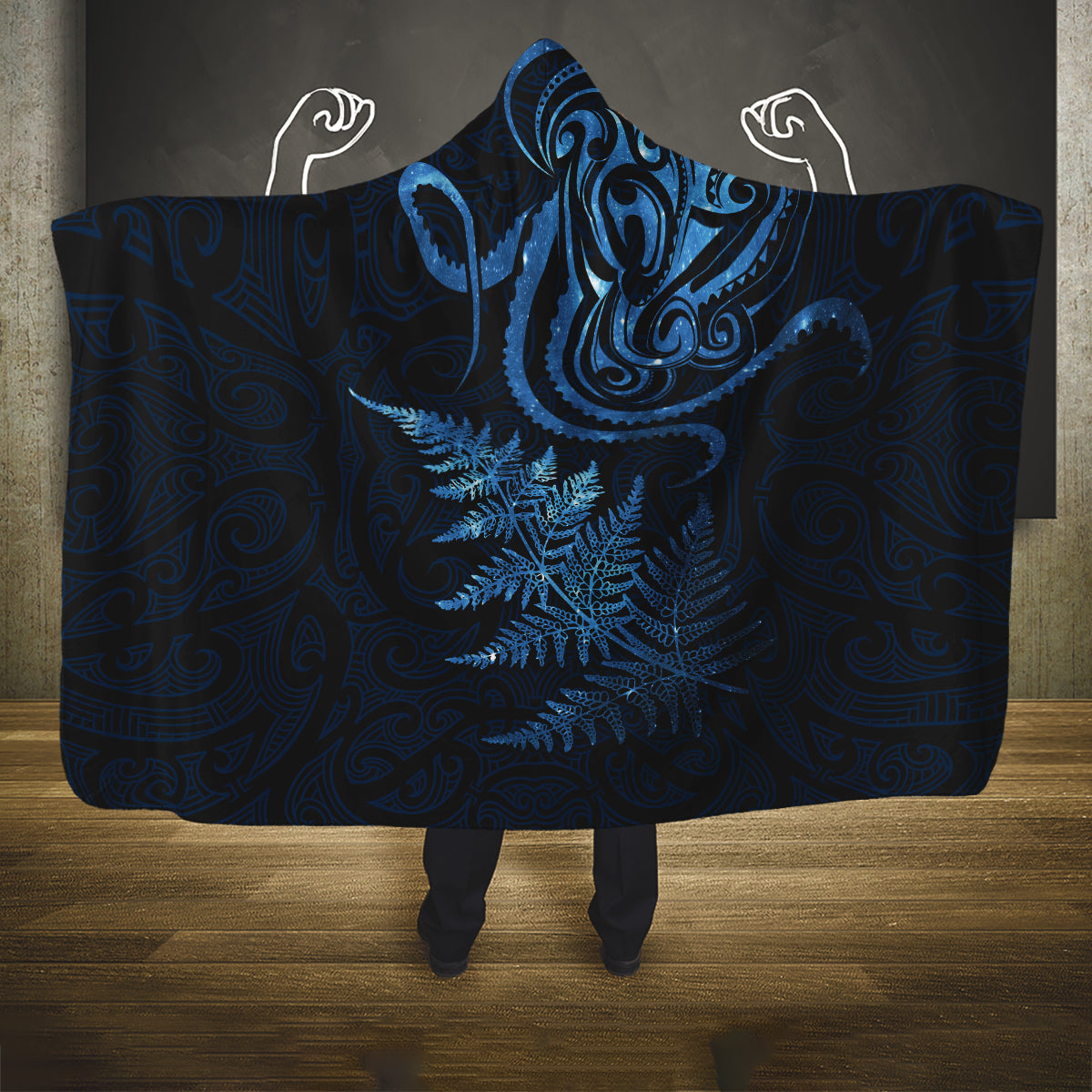 New Zealand Octopus Tattoo and Fern Hooded Blanket Maori Pattern Matariki Style