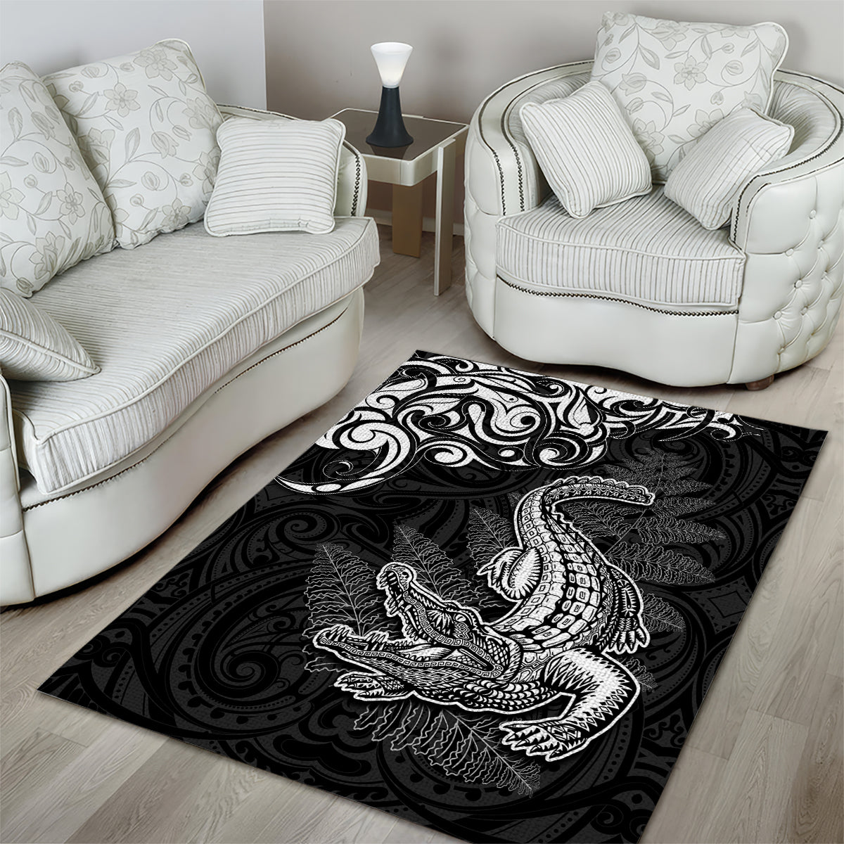 New Zealand Crocodile Tattoo and Fern Area Rug Maori Pattern