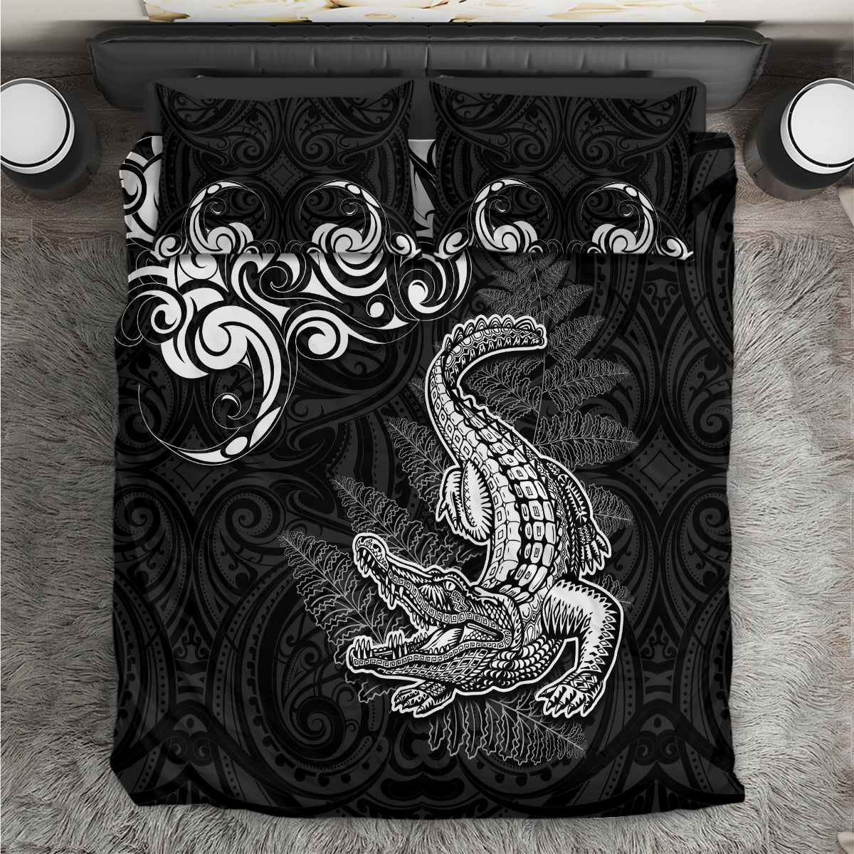 New Zealand Crocodile Tattoo and Fern Bedding Set Maori Pattern