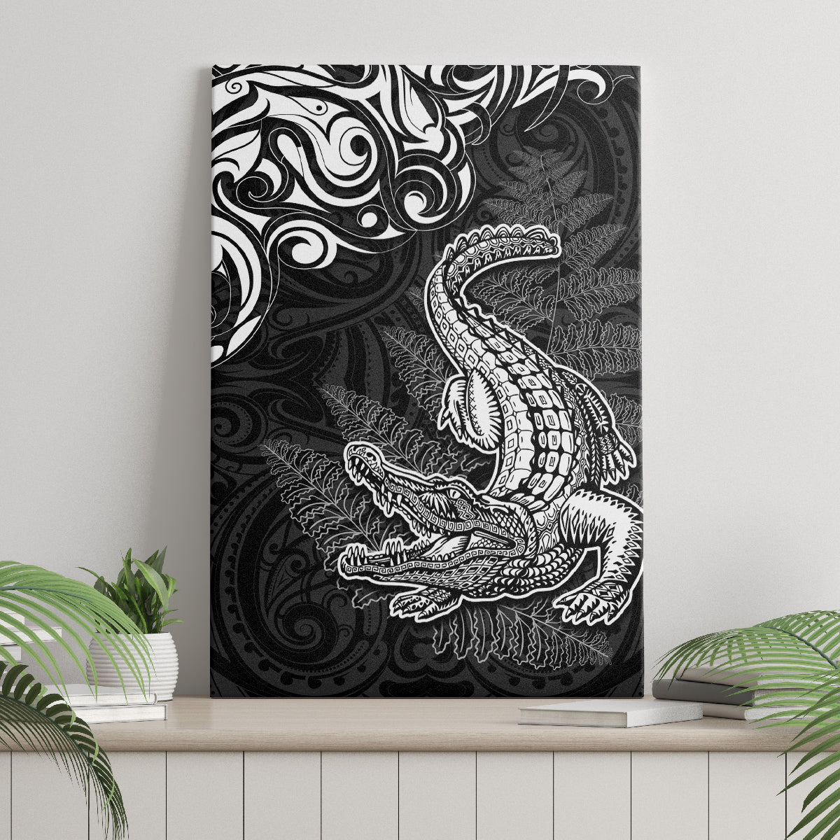 New Zealand Crocodile Tattoo and Fern Canvas Wall Art Maori Pattern