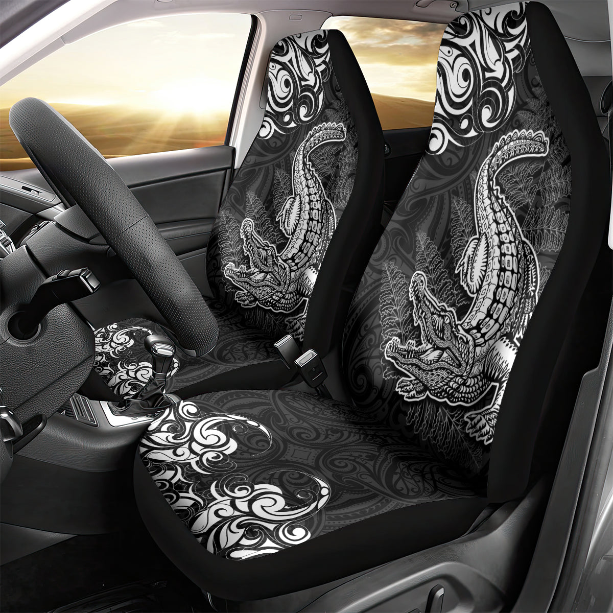 New Zealand Crocodile Tattoo and Fern Car Seat Cover Maori Pattern