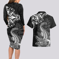 New Zealand Crocodile Tattoo and Fern Couples Matching Long Sleeve Bodycon Dress and Hawaiian Shirt Maori Pattern LT03 - Polynesian Pride