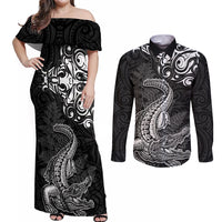 New Zealand Crocodile Tattoo and Fern Couples Matching Off Shoulder Maxi Dress and Long Sleeve Button Shirt Maori Pattern