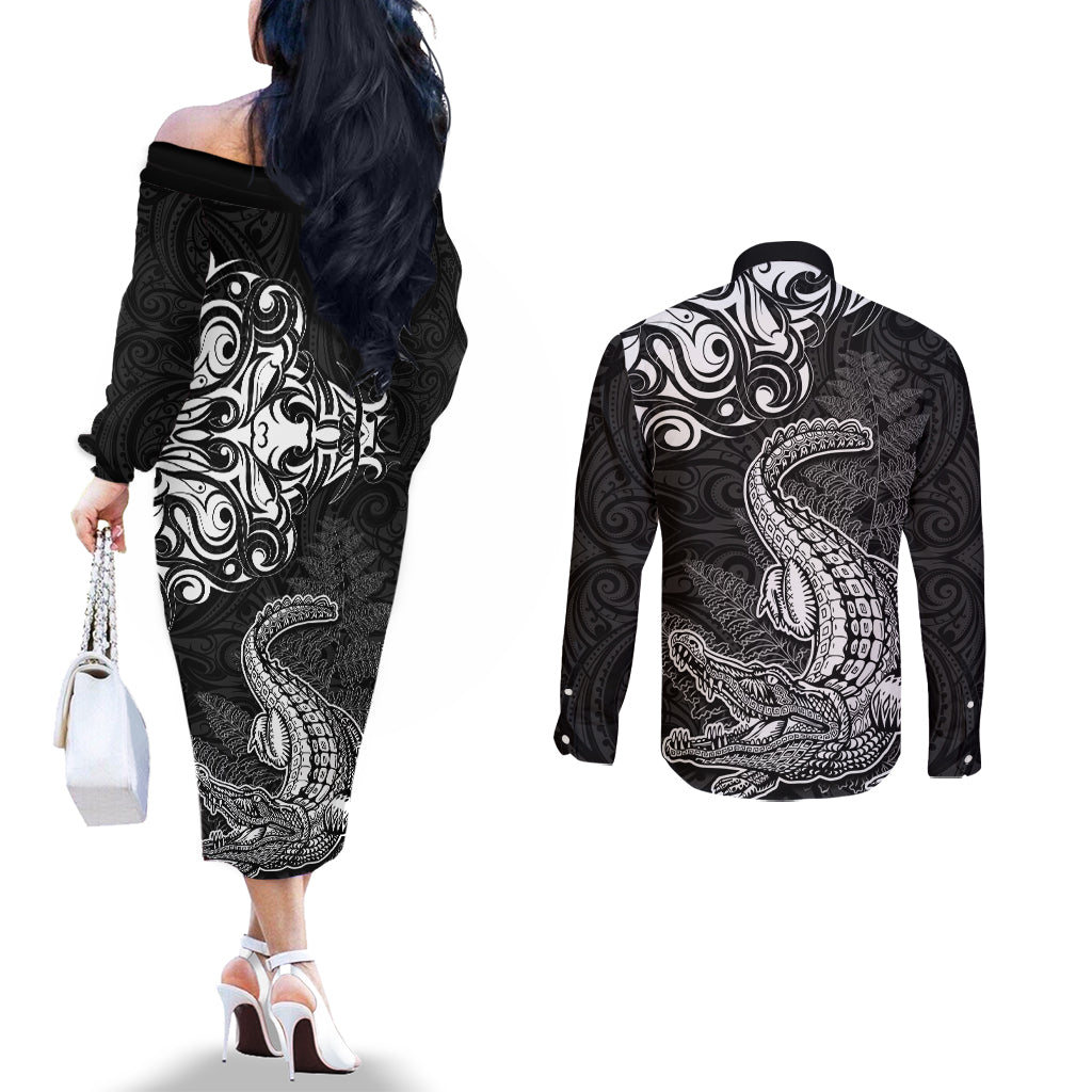 New Zealand Crocodile Tattoo and Fern Couples Matching Off The Shoulder Long Sleeve Dress and Long Sleeve Button Shirt Maori Pattern LT03 - Polynesian Pride