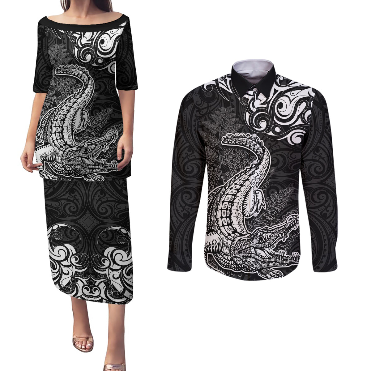 New Zealand Crocodile Tattoo and Fern Couples Matching Puletasi and Long Sleeve Button Shirt Maori Pattern