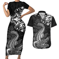New Zealand Crocodile Tattoo and Fern Couples Matching Short Sleeve Bodycon Dress and Hawaiian Shirt Maori Pattern LT03 Black - Polynesian Pride