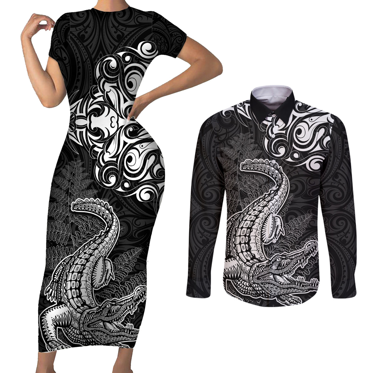 New Zealand Crocodile Tattoo and Fern Couples Matching Short Sleeve Bodycon Dress and Long Sleeve Button Shirt Maori Pattern LT03 Black - Polynesian Pride