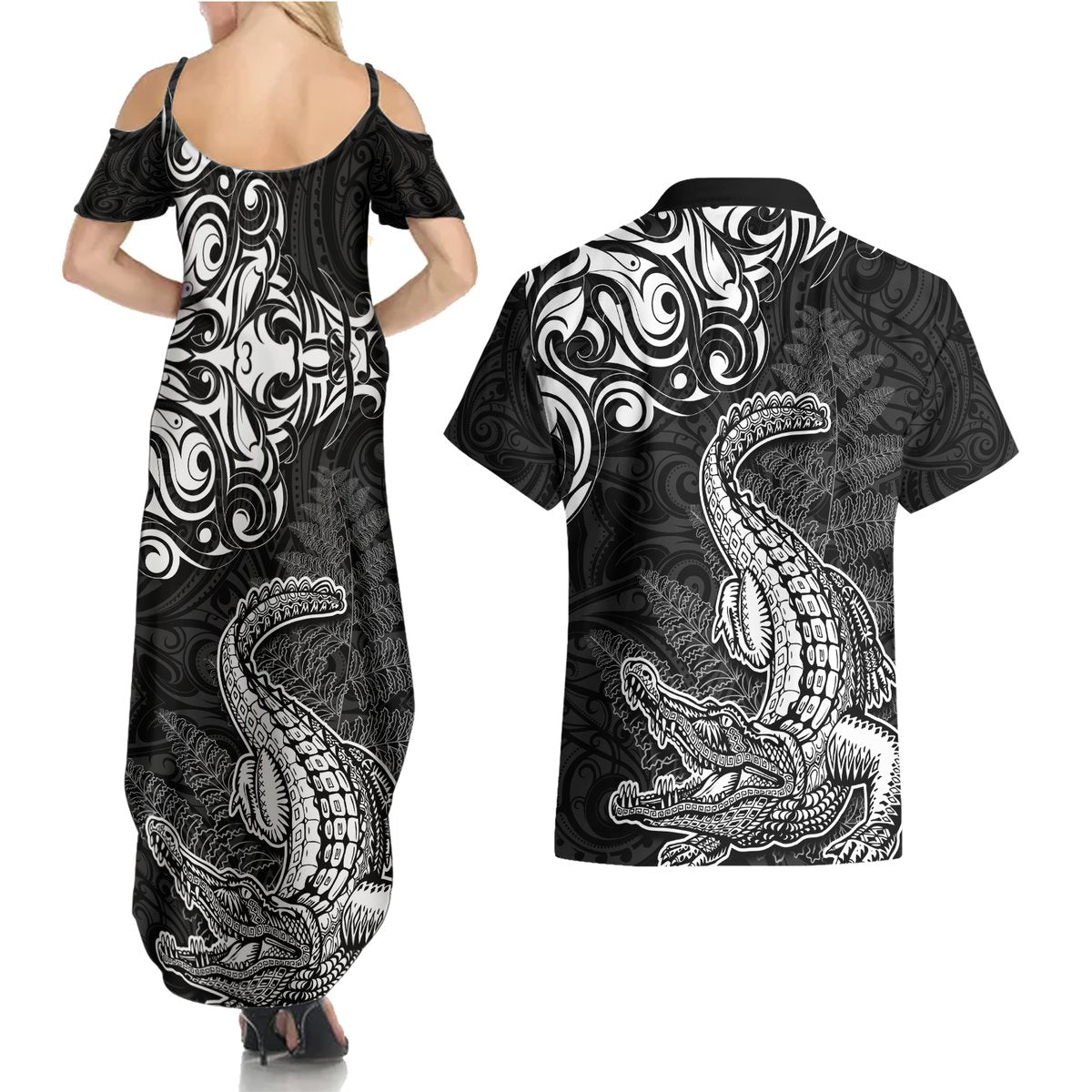New Zealand Crocodile Tattoo and Fern Couples Matching Summer Maxi Dress and Hawaiian Shirt Maori Pattern LT03 - Polynesian Pride