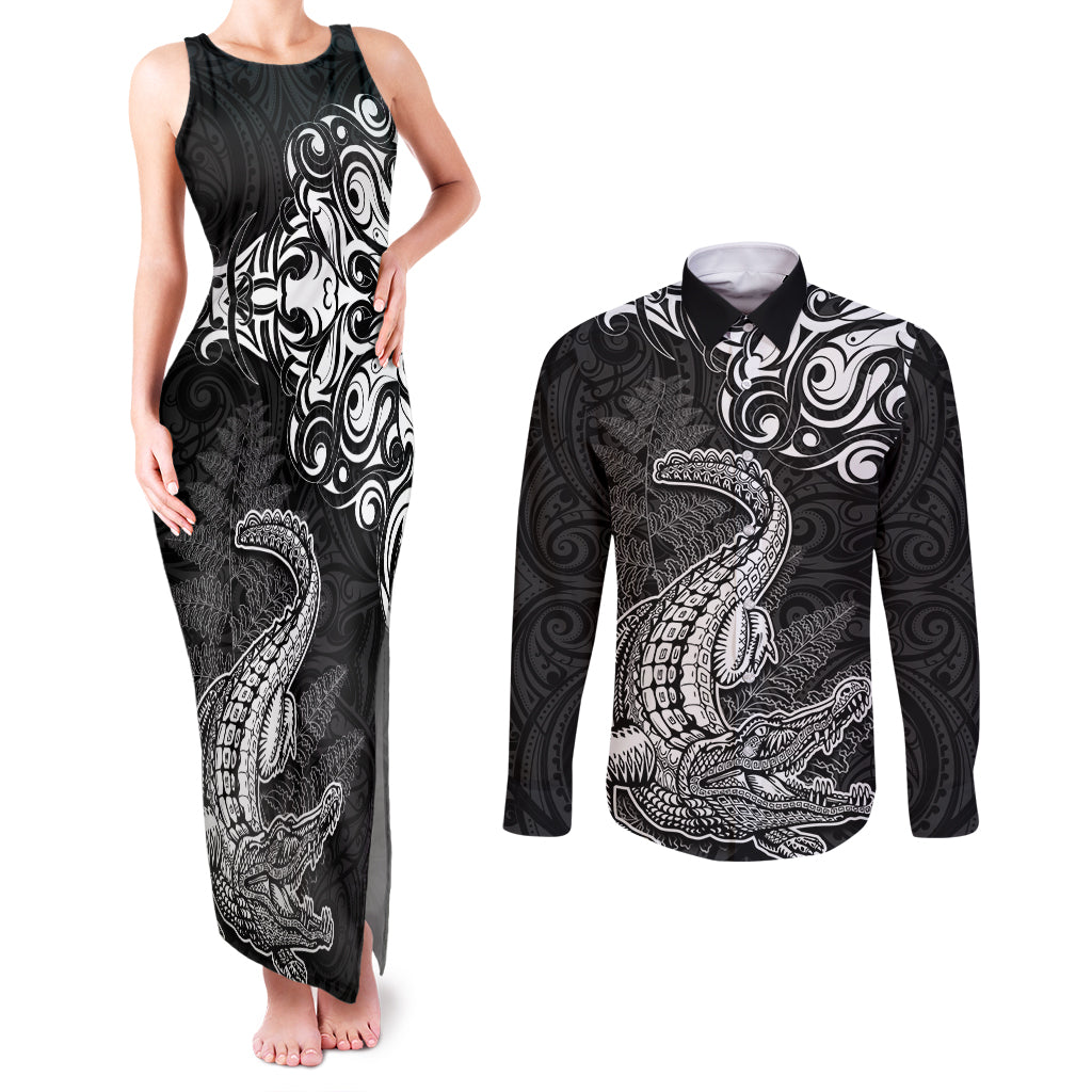 New Zealand Crocodile Tattoo and Fern Couples Matching Tank Maxi Dress and Long Sleeve Button Shirt Maori Pattern