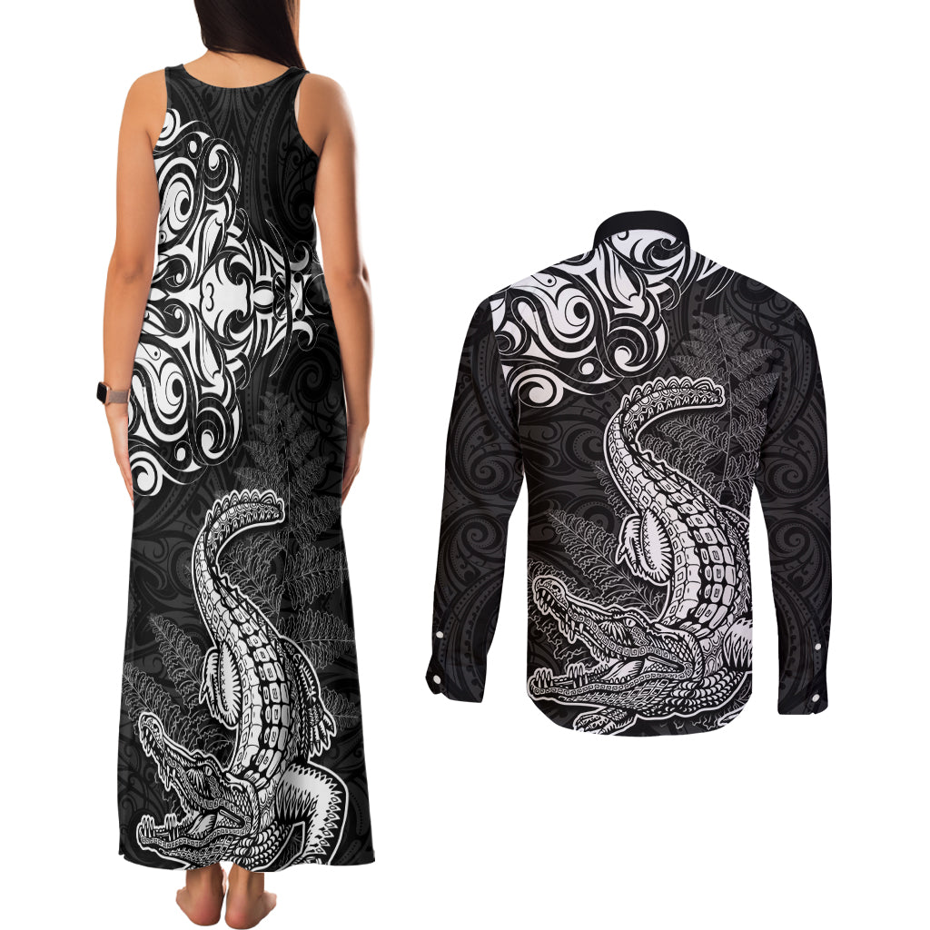 New Zealand Crocodile Tattoo and Fern Couples Matching Tank Maxi Dress and Long Sleeve Button Shirt Maori Pattern LT03 - Polynesian Pride