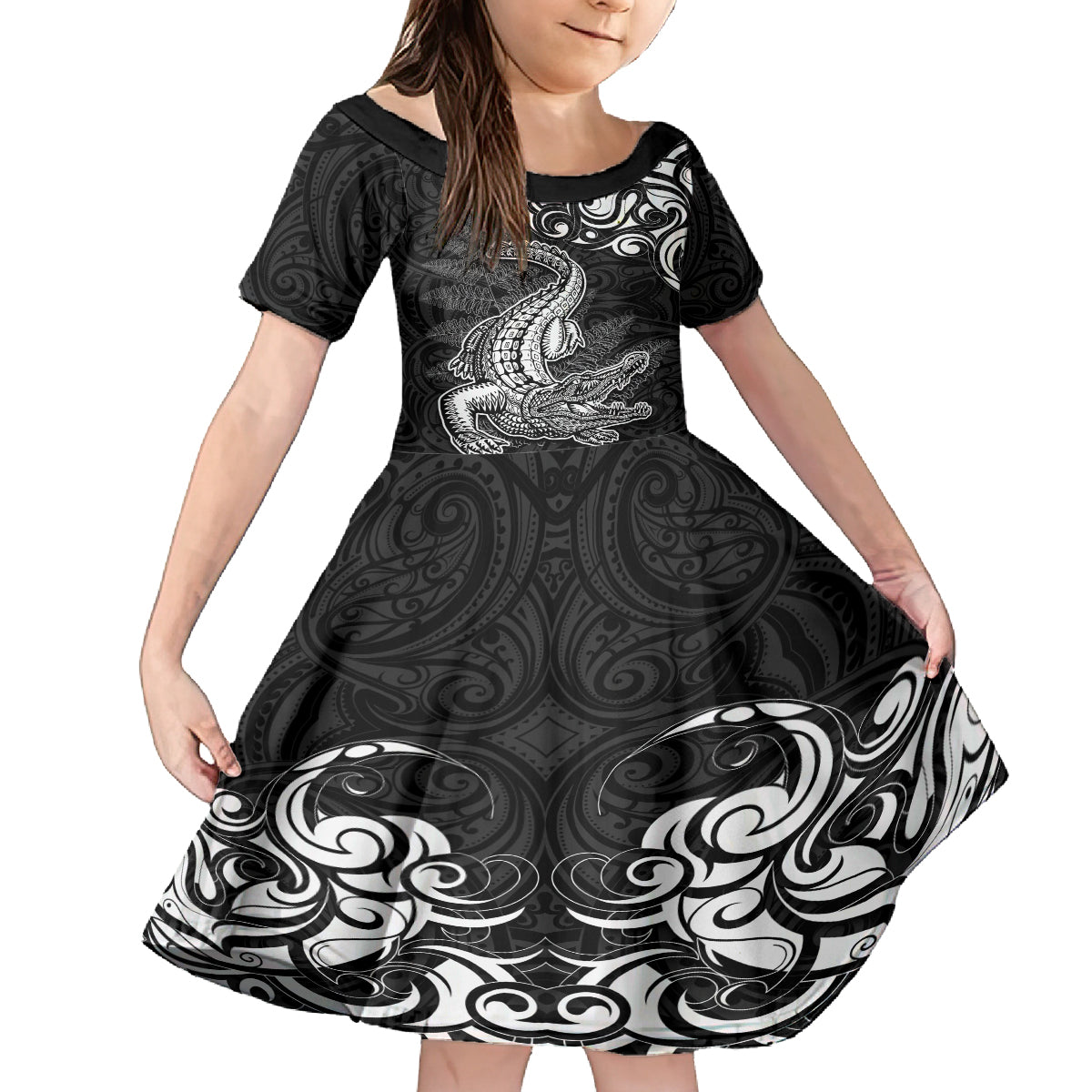 New Zealand Crocodile Tattoo and Fern Family Matching Long Sleeve Bodycon Dress and Hawaiian Shirt Maori Pattern LT03 Daughter's Dress Black - Polynesian Pride