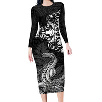 New Zealand Crocodile Tattoo and Fern Family Matching Long Sleeve Bodycon Dress and Hawaiian Shirt Maori Pattern LT03 Mom's Dress Black - Polynesian Pride