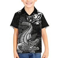 New Zealand Crocodile Tattoo and Fern Family Matching Long Sleeve Bodycon Dress and Hawaiian Shirt Maori Pattern LT03 Son's Shirt Black - Polynesian Pride