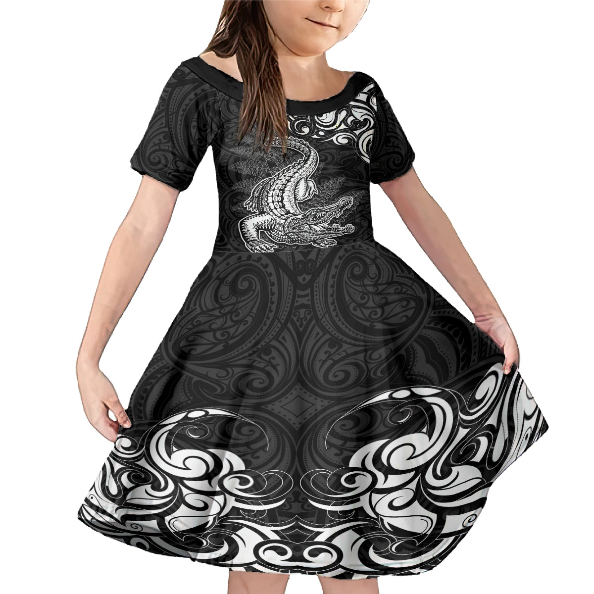 New Zealand Crocodile Tattoo and Fern Family Matching Mermaid Dress and Hawaiian Shirt Maori Pattern LT03 Daughter's Dress Black - Polynesian Pride