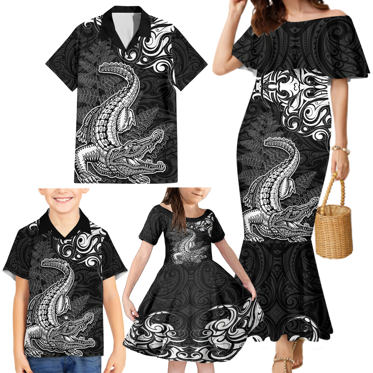 New Zealand Crocodile Tattoo and Fern Family Matching Mermaid Dress and Hawaiian Shirt Maori Pattern LT03 - Polynesian Pride