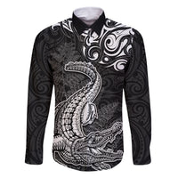 New Zealand Crocodile Tattoo and Fern Family Matching Mermaid Dress and Hawaiian Shirt Maori Pattern LT03 Dad's Shirt - Long Sleeve Black - Polynesian Pride