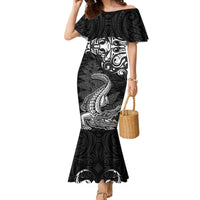 New Zealand Crocodile Tattoo and Fern Family Matching Mermaid Dress and Hawaiian Shirt Maori Pattern LT03 Mom's Dress Black - Polynesian Pride