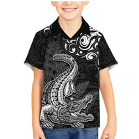New Zealand Crocodile Tattoo and Fern Family Matching Mermaid Dress and Hawaiian Shirt Maori Pattern LT03 Son's Shirt Black - Polynesian Pride