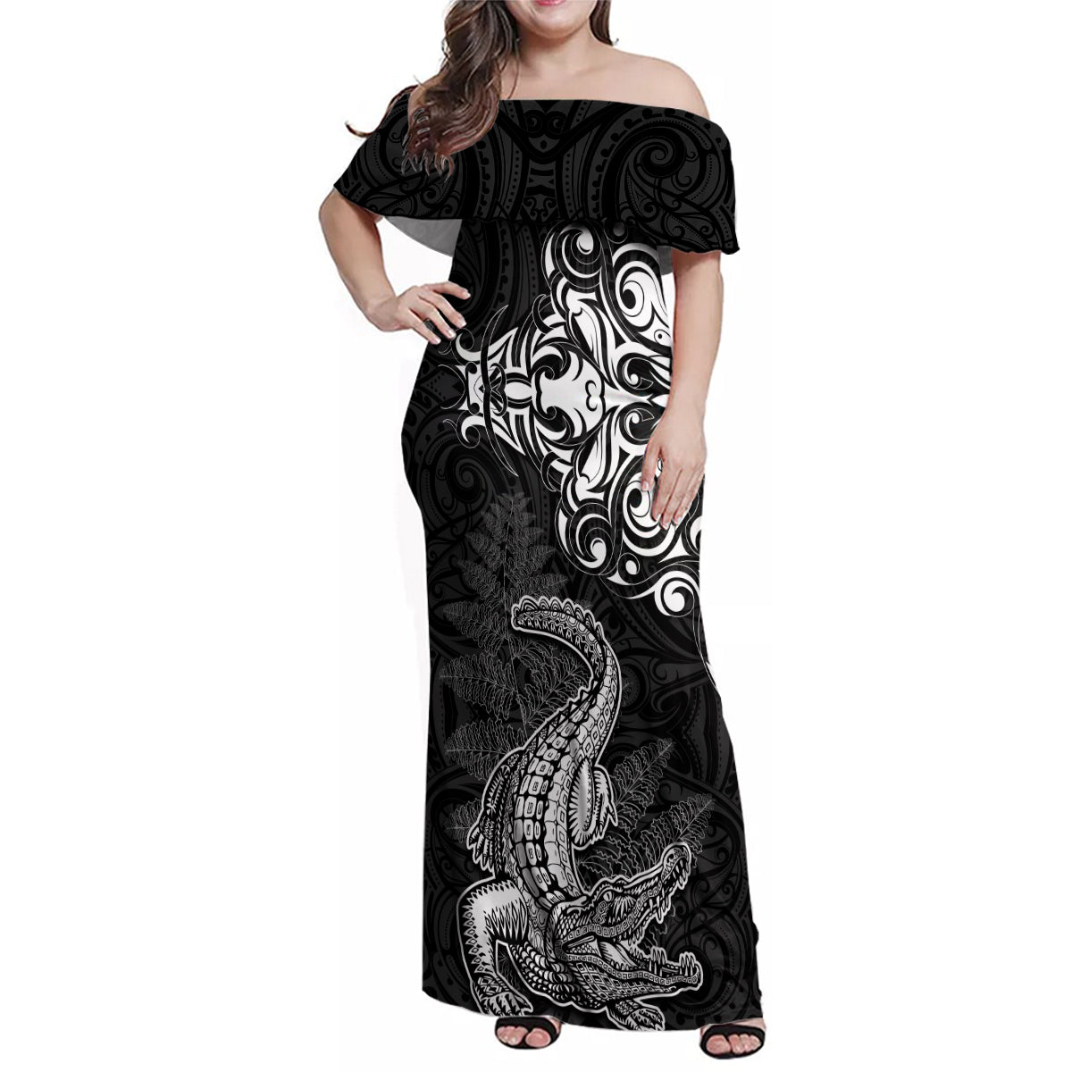 New Zealand Crocodile Tattoo and Fern Family Matching Off Shoulder Maxi Dress and Hawaiian Shirt Maori Pattern