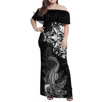 New Zealand Crocodile Tattoo and Fern Family Matching Off Shoulder Maxi Dress and Hawaiian Shirt Maori Pattern