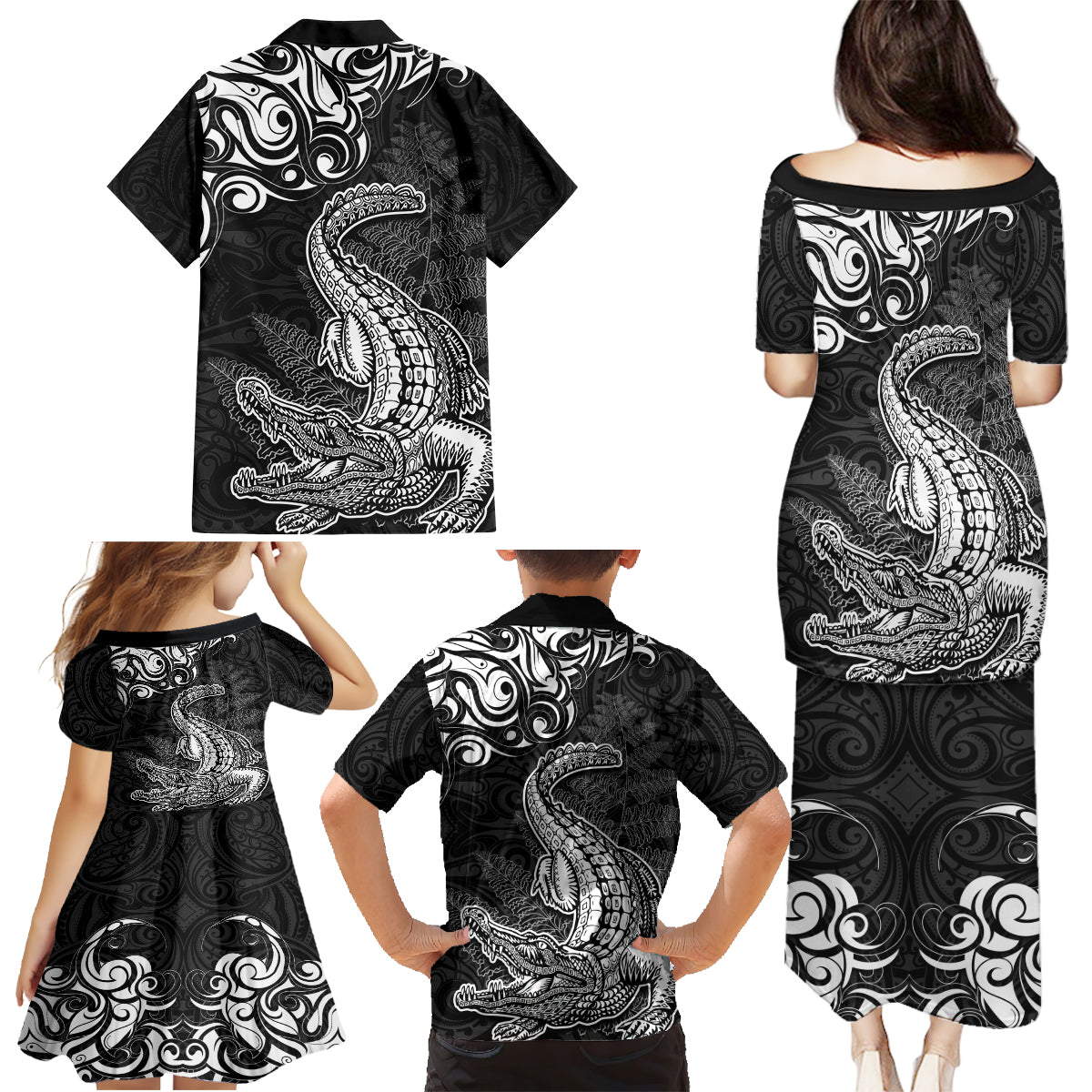 New Zealand Crocodile Tattoo and Fern Family Matching Puletasi and Hawaiian Shirt Maori Pattern LT03 - Polynesian Pride