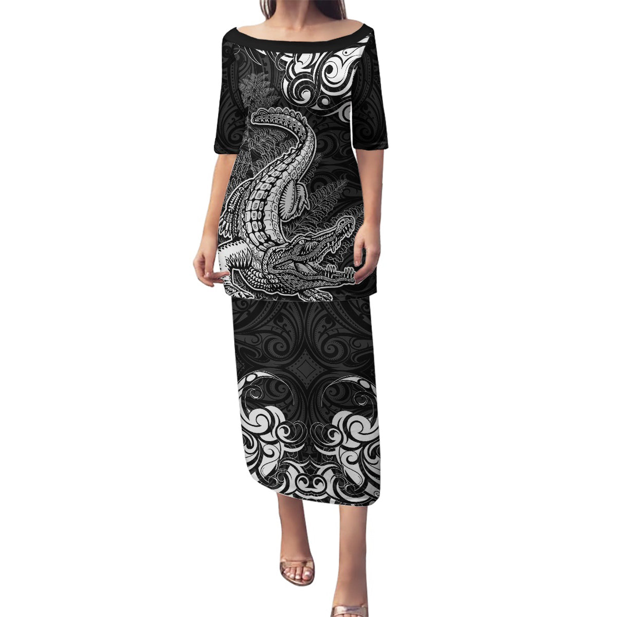 New Zealand Crocodile Tattoo and Fern Family Matching Puletasi and Hawaiian Shirt Maori Pattern LT03 Mom's Dress Black - Polynesian Pride