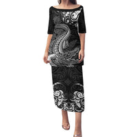 New Zealand Crocodile Tattoo and Fern Family Matching Puletasi and Hawaiian Shirt Maori Pattern LT03 Mom's Dress Black - Polynesian Pride