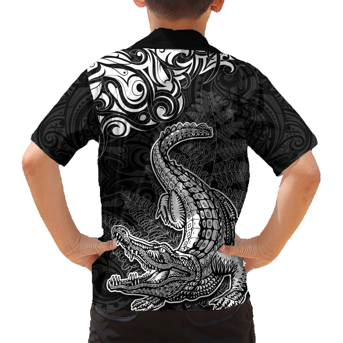 New Zealand Crocodile Tattoo and Fern Family Matching Short Sleeve Bodycon Dress and Hawaiian Shirt Maori Pattern LT03 - Polynesian Pride
