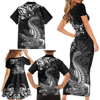 New Zealand Crocodile Tattoo and Fern Family Matching Short Sleeve Bodycon Dress and Hawaiian Shirt Maori Pattern LT03 - Polynesian Pride