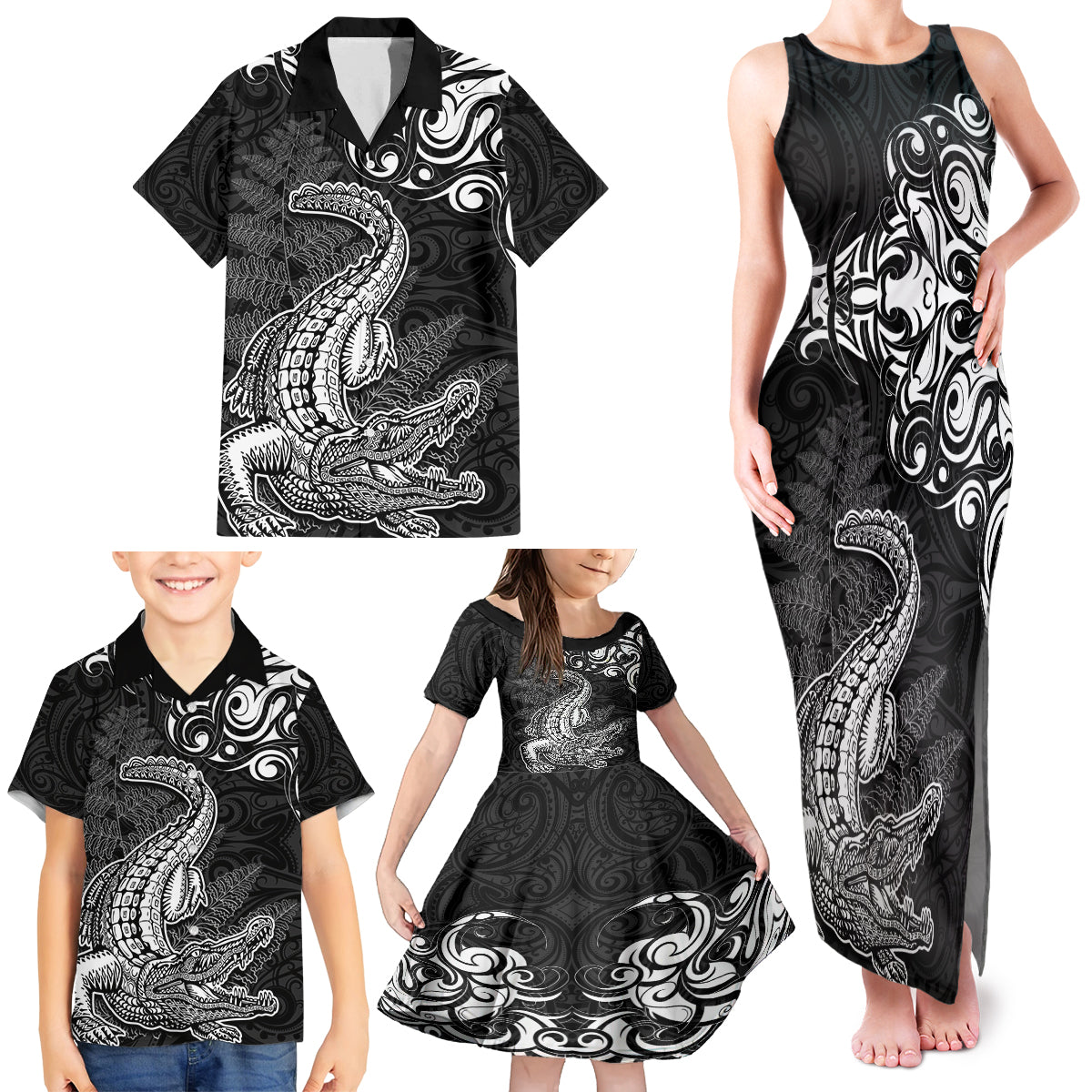 New Zealand Crocodile Tattoo and Fern Family Matching Tank Maxi Dress and Hawaiian Shirt Maori Pattern LT03 - Polynesian Pride