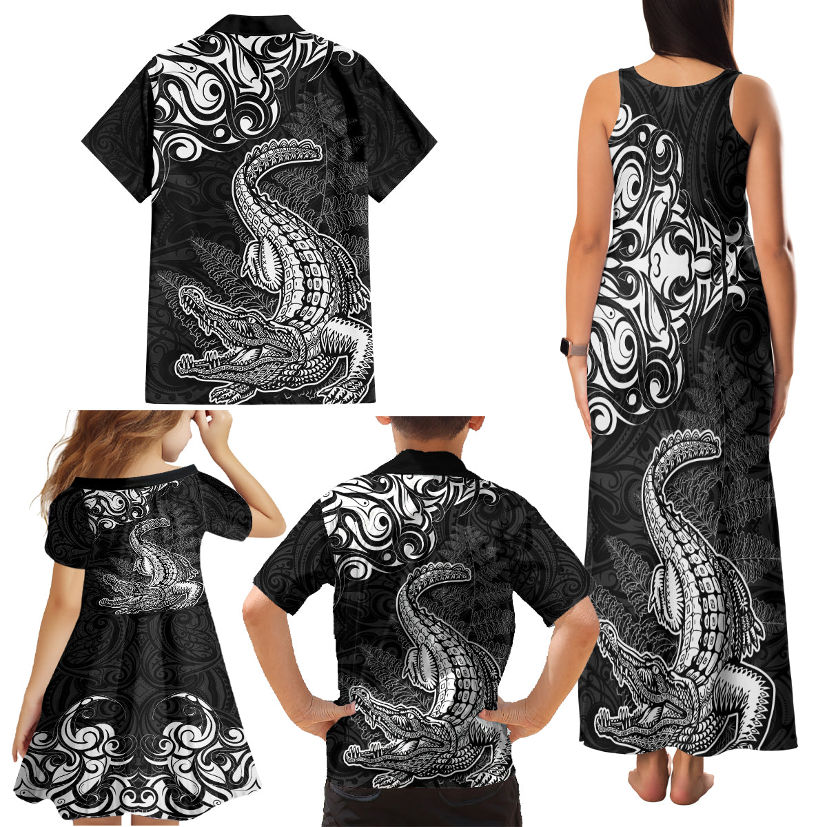 New Zealand Crocodile Tattoo and Fern Family Matching Tank Maxi Dress and Hawaiian Shirt Maori Pattern LT03 - Polynesian Pride