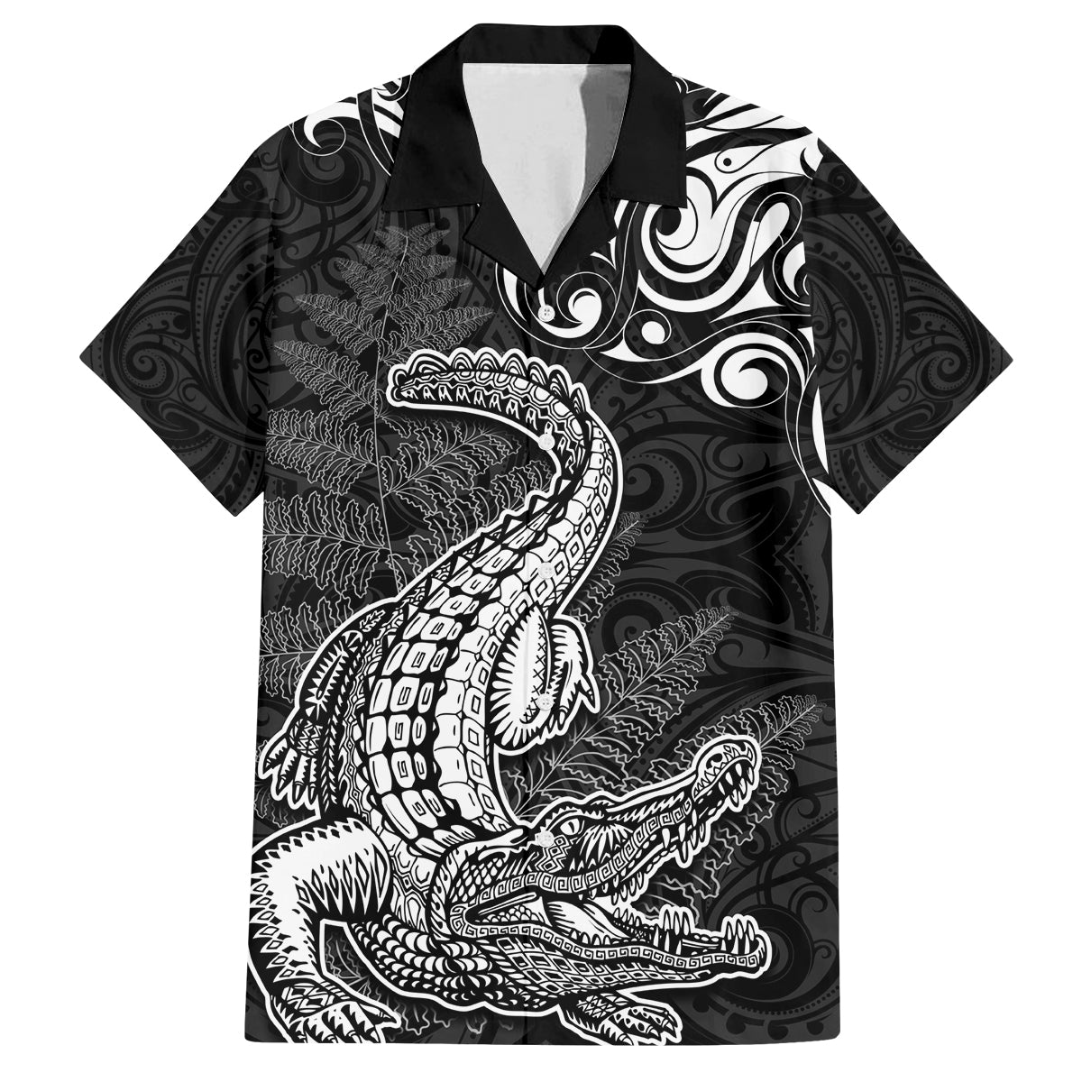 New Zealand Crocodile Tattoo and Fern Family Matching Tank Maxi Dress and Hawaiian Shirt Maori Pattern LT03 Dad's Shirt - Short Sleeve Black - Polynesian Pride