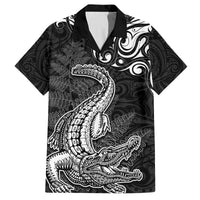 New Zealand Crocodile Tattoo and Fern Family Matching Tank Maxi Dress and Hawaiian Shirt Maori Pattern LT03 Dad's Shirt - Short Sleeve Black - Polynesian Pride