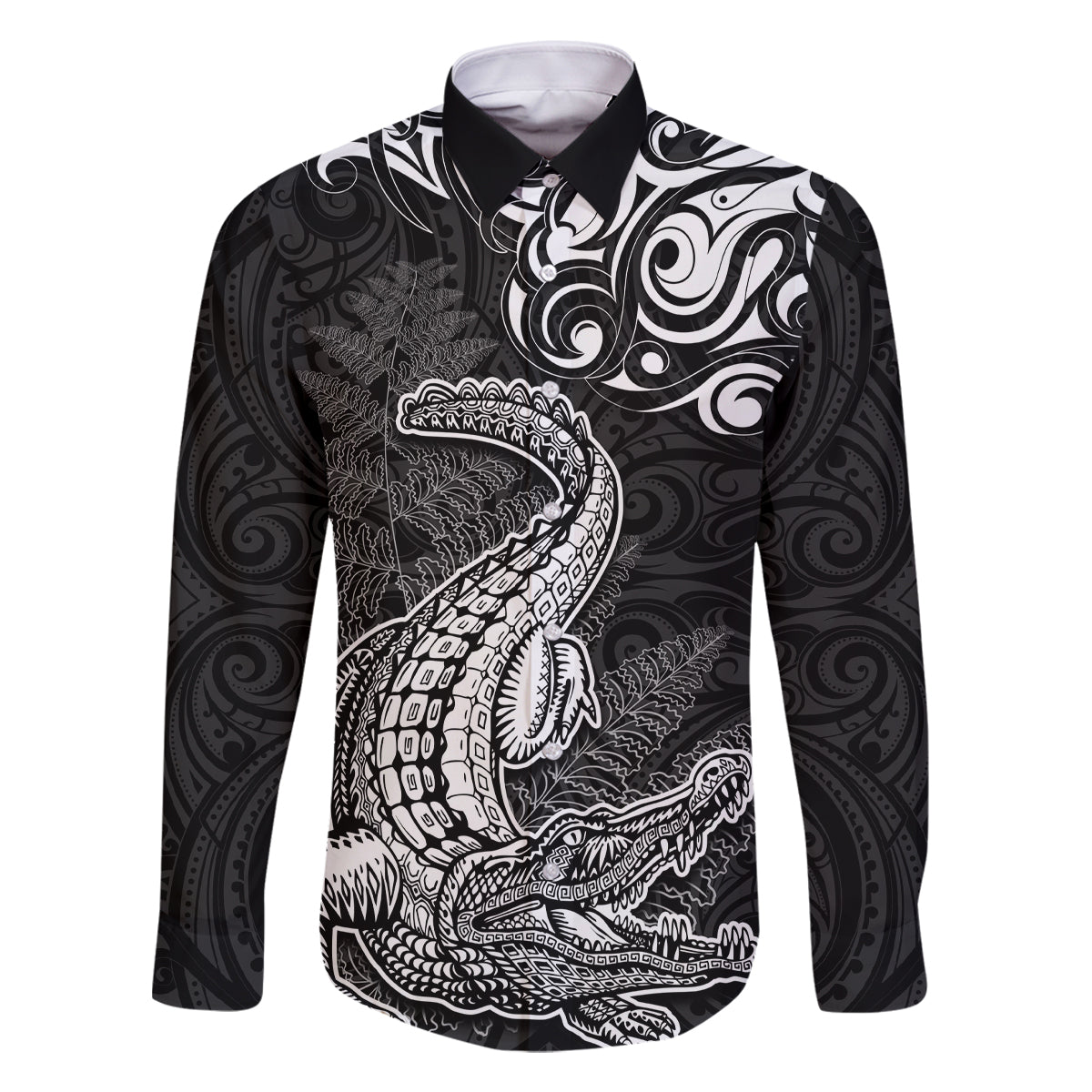 New Zealand Crocodile Tattoo and Fern Family Matching Tank Maxi Dress and Hawaiian Shirt Maori Pattern LT03 Dad's Shirt - Long Sleeve Black - Polynesian Pride