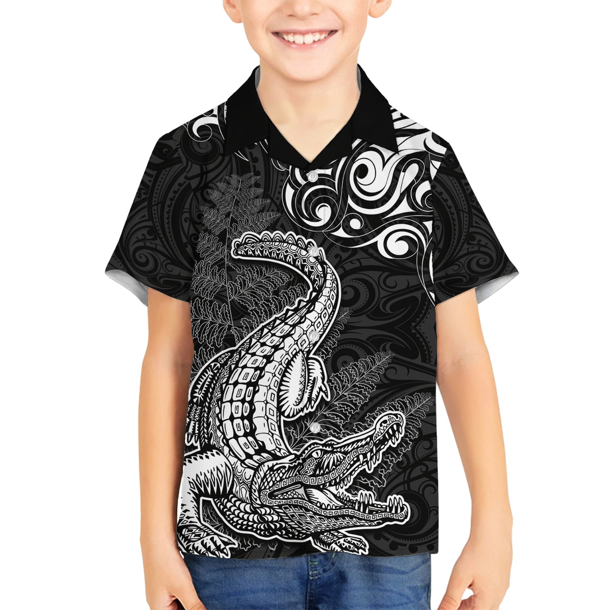 New Zealand Crocodile Tattoo and Fern Family Matching Tank Maxi Dress and Hawaiian Shirt Maori Pattern LT03 Son's Shirt Black - Polynesian Pride