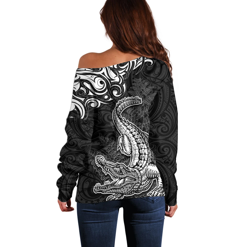 New Zealand Crocodile Tattoo and Fern Off Shoulder Sweater Maori Pattern
