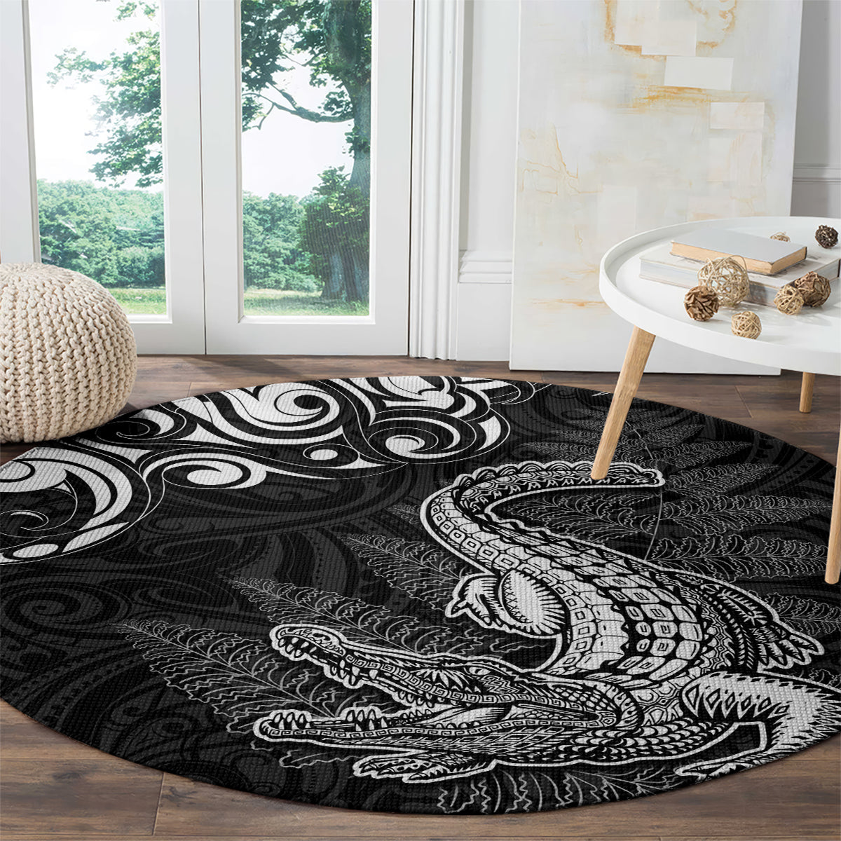 New Zealand Crocodile Tattoo and Fern Round Carpet Maori Pattern