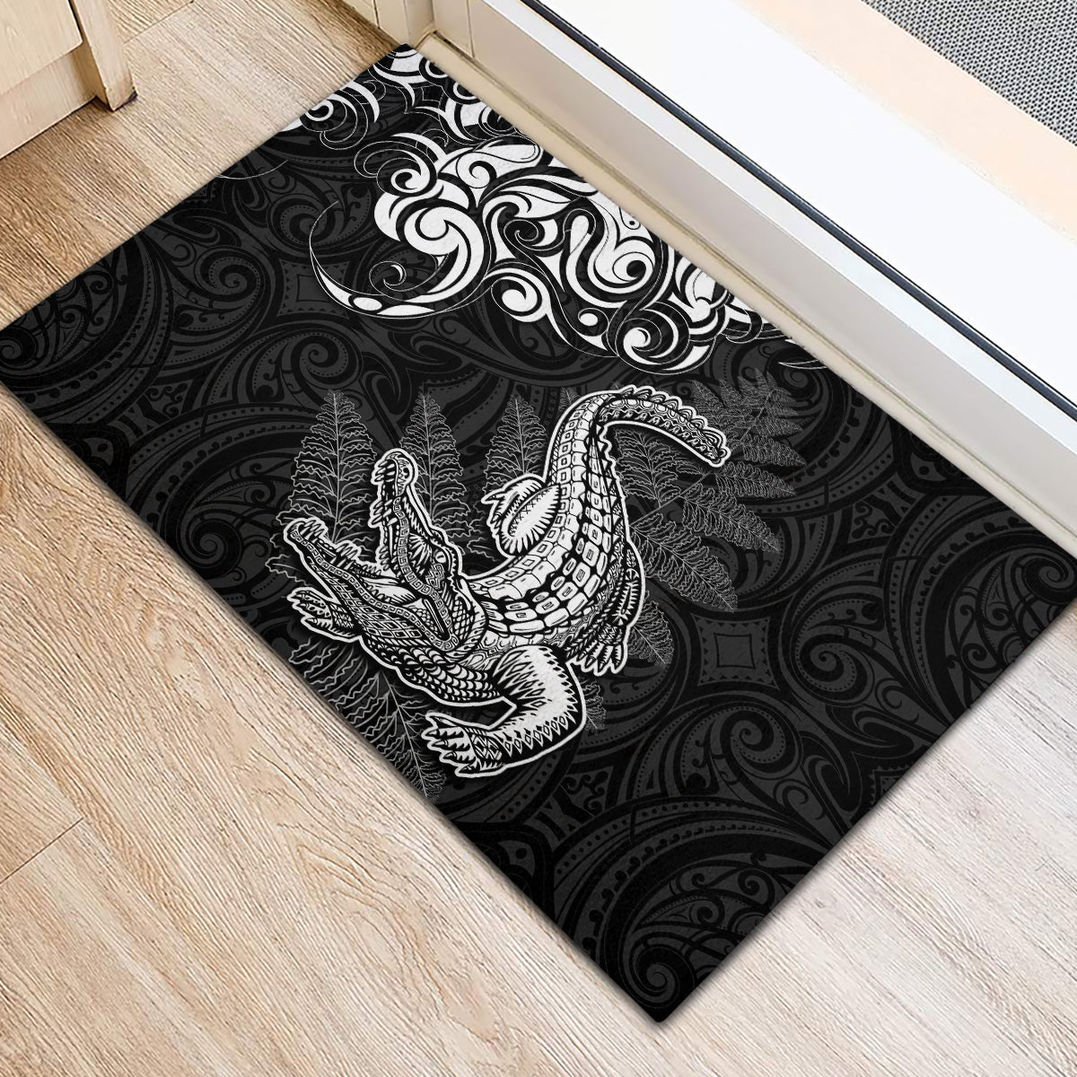 New Zealand Crocodile Tattoo and Fern Rubber Doormat Maori Pattern