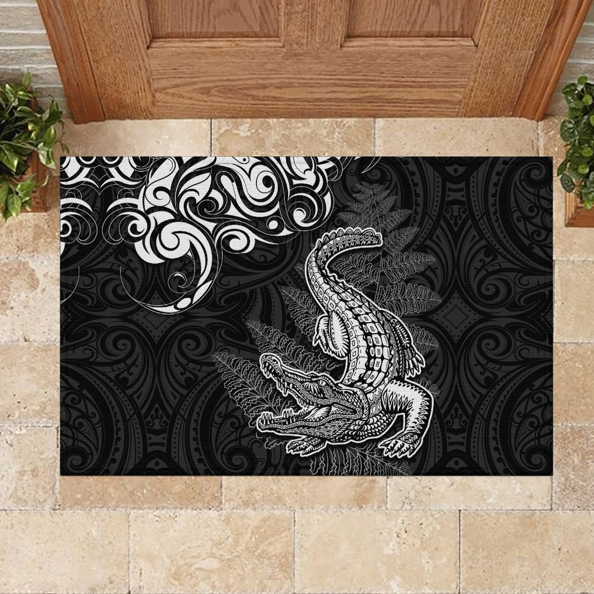 New Zealand Crocodile Tattoo and Fern Rubber Doormat Maori Pattern