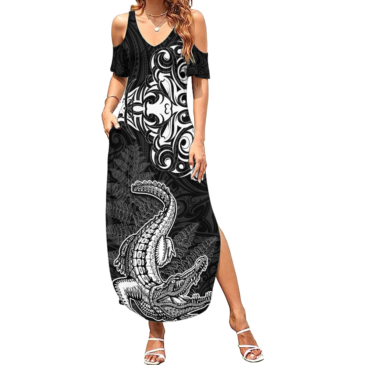 New Zealand Crocodile Tattoo and Fern Summer Maxi Dress Maori Pattern