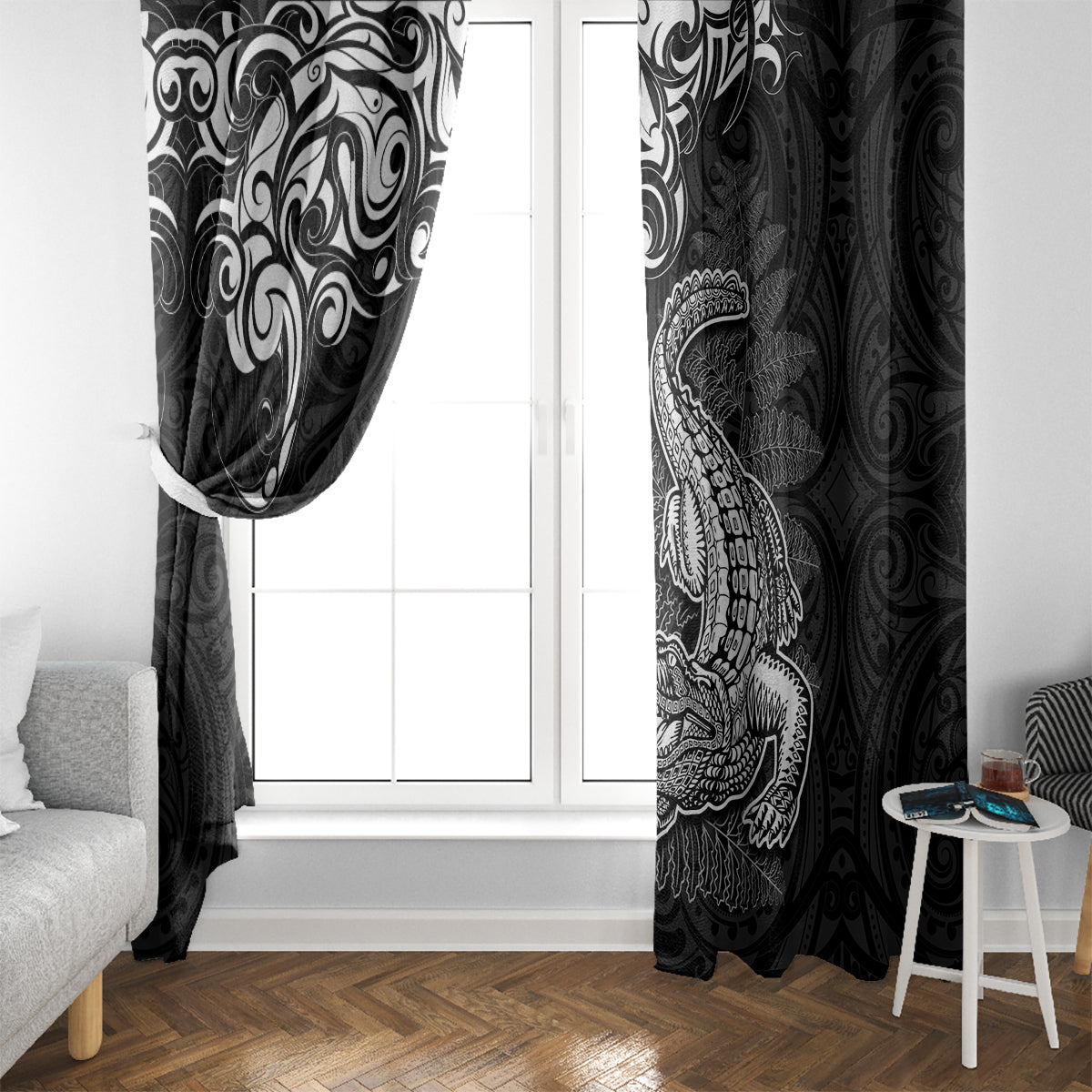 New Zealand Crocodile Tattoo and Fern Window Curtain Maori Pattern