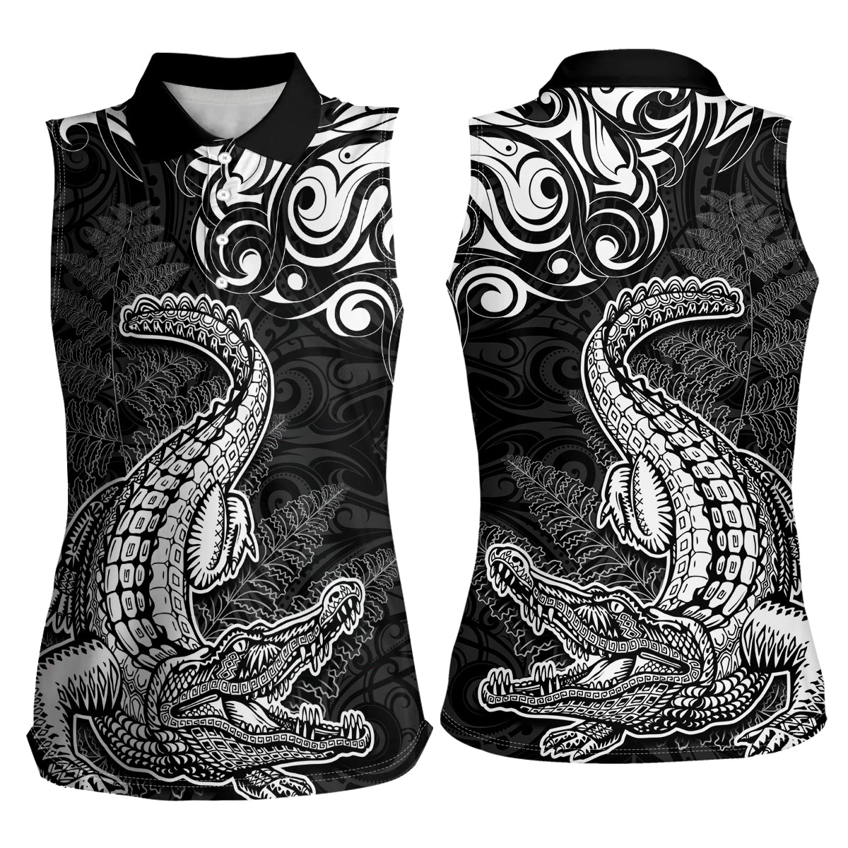 New Zealand Crocodile Tattoo and Fern Women Sleeveless Polo Shirt Maori Pattern