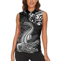 New Zealand Crocodile Tattoo and Fern Women Sleeveless Polo Shirt Maori Pattern