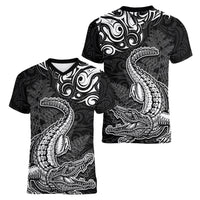 New Zealand Crocodile Tattoo and Fern Women V-Neck T-Shirt Maori Pattern